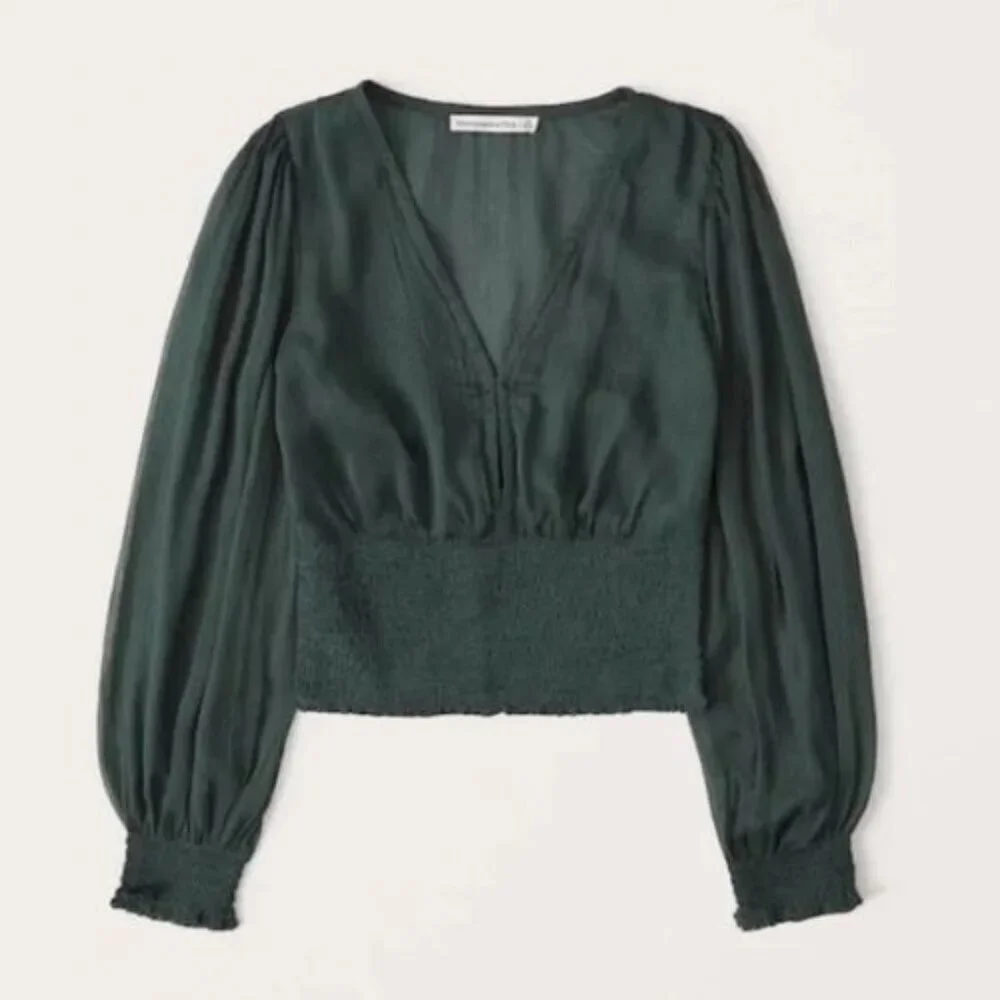 Abercrombie & Fitch Green Long Sleeve Smocked Waist Top Size XS 36158